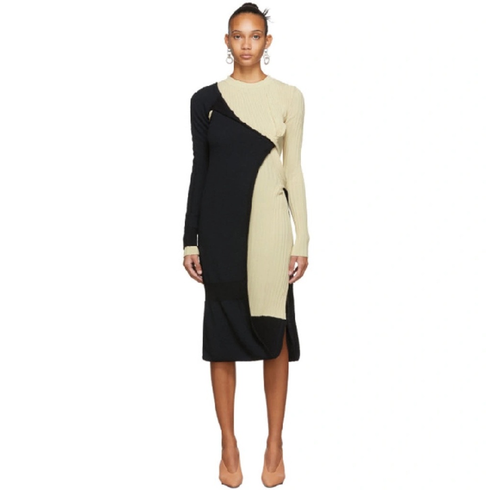 Bottega Veneta Black and Cream Asymmetrical Midi Dress